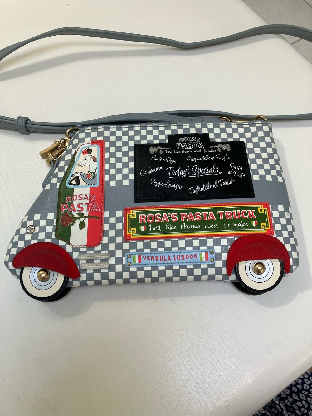 VENDULA!! “Rosa's Pasta Truck" Grey Crossbody Bag
